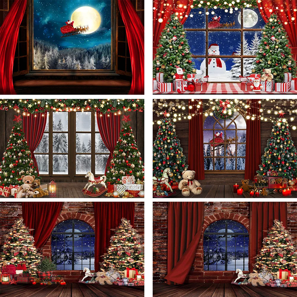 

Christmas Red Curtains Window Decoration Backdrop Winter Santa Claus Xmas Tree Snowflake Gift Background Family Home Photobooth