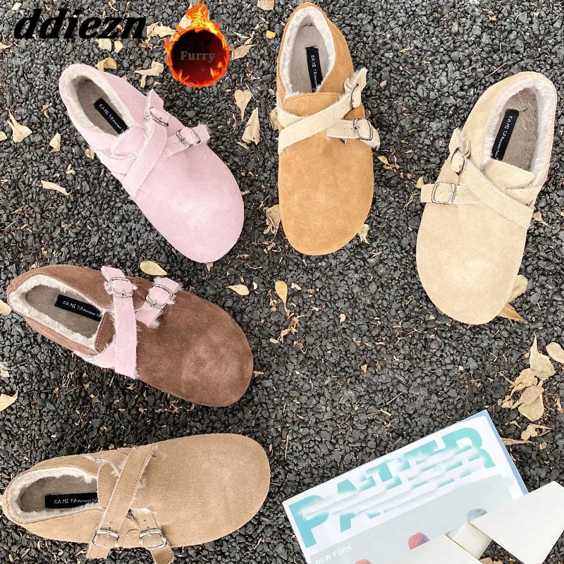 

Женские кожаные босоножки на плоской подошве, повседневные босоножки с круглым носком и ремешком с пряжкой, теплая обувь из плюша, для зимы, 2023