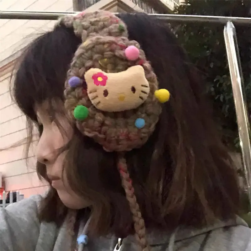 

Sanrio Hello Kitty Colour Earmuffs Cute Kt Y2K Knitting Winter Warm Antifreeze Ear White and Brown Color Matching Soft Comfort