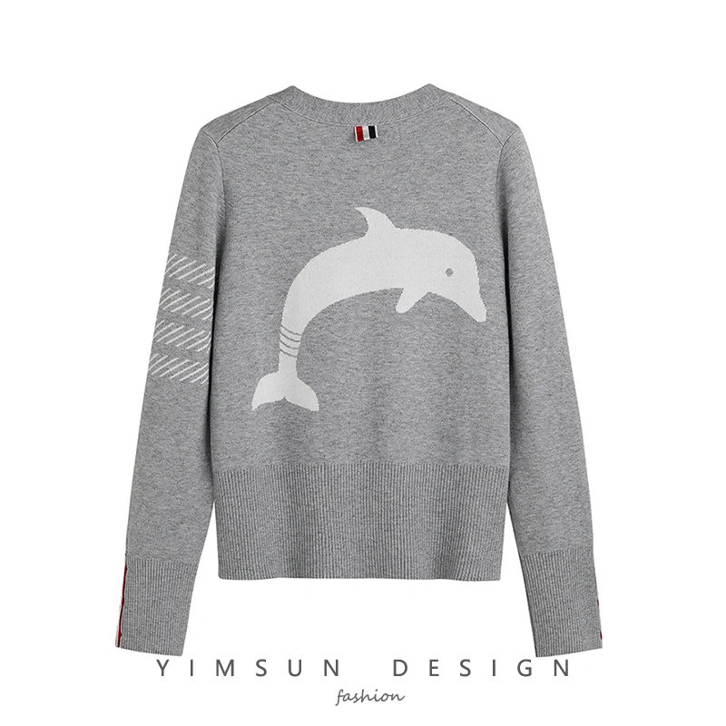 

TB Dolphin Jacquard Knit Sweater Long-sleeved Striped V-neck Cardigan Jacket Men and Women Same Style Autumn and Winter