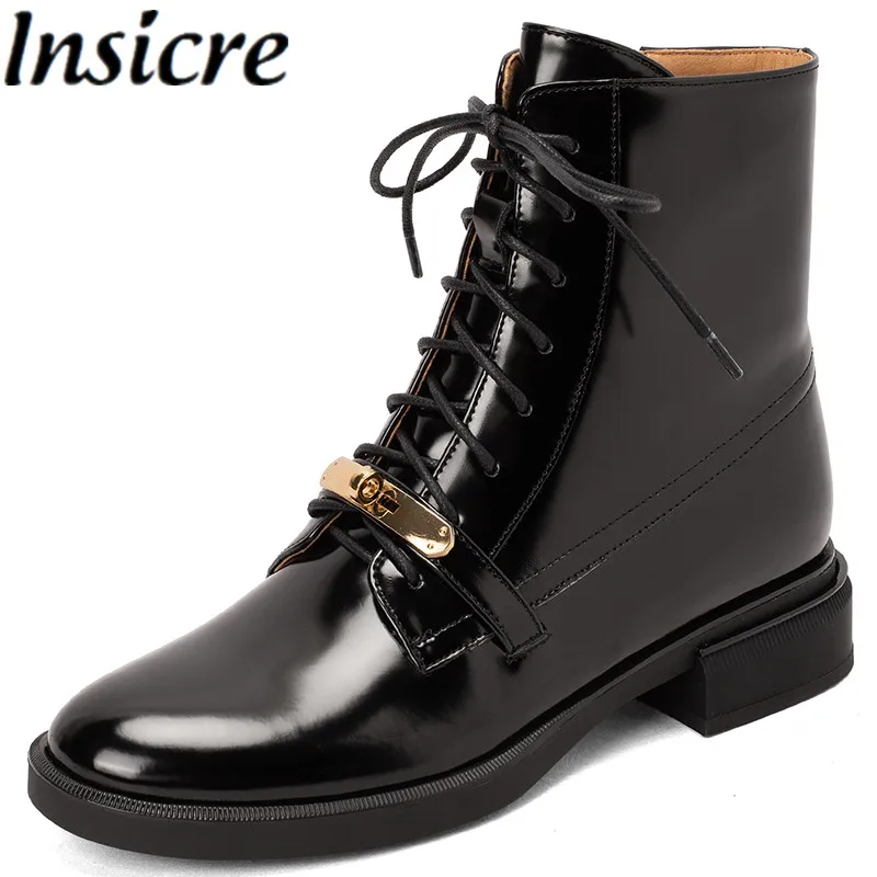 

Insicre Women Ankle Boots Cow Leather Brand Luxury Cross Tied Zipper Round Toe Thick Low Heels Metal Black Lace Up
