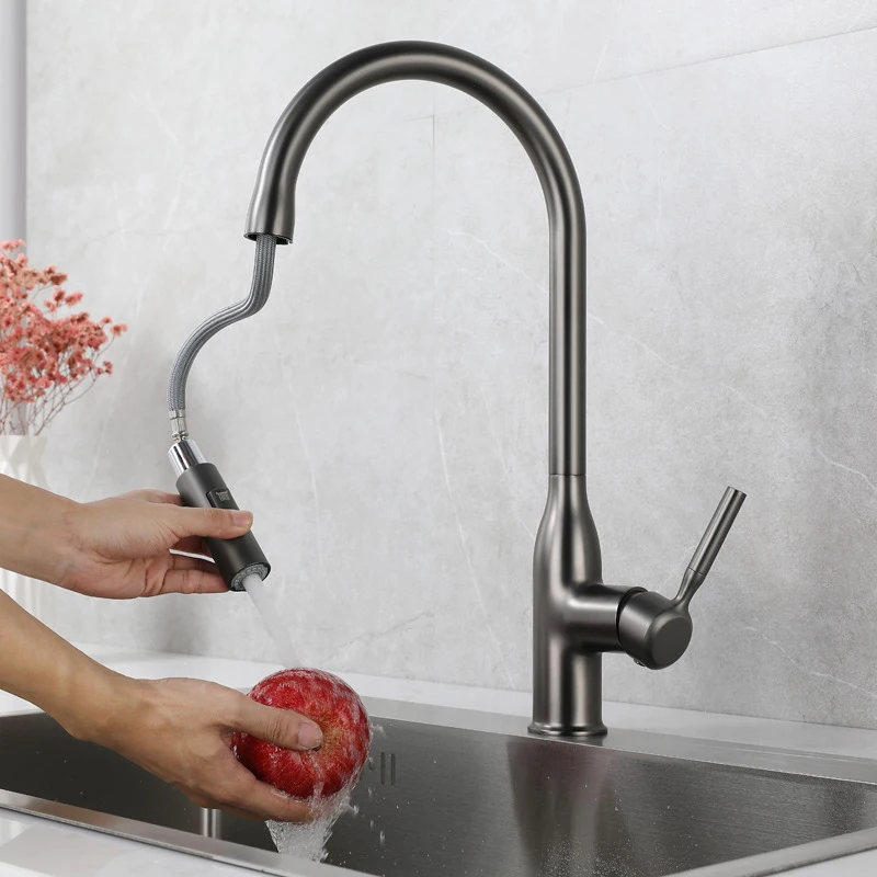 

ULA Kitchen Faucet Stainless Steel Kitchen Pull Out Spout 360 Rotate Faucet Deck Mount Cold Hot Water Sink Mixer Taps No Hoses