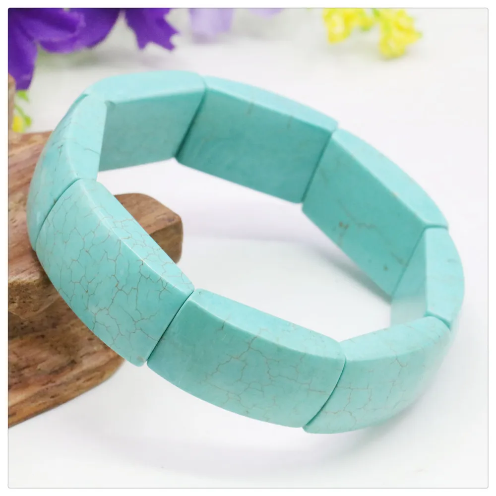 

16X25mm Blue Rectangle Turkey Turquoises Beaded Bracelet Women Men Girls DIY Lace-up Elastic Jewelry Making Design Hand Ornament