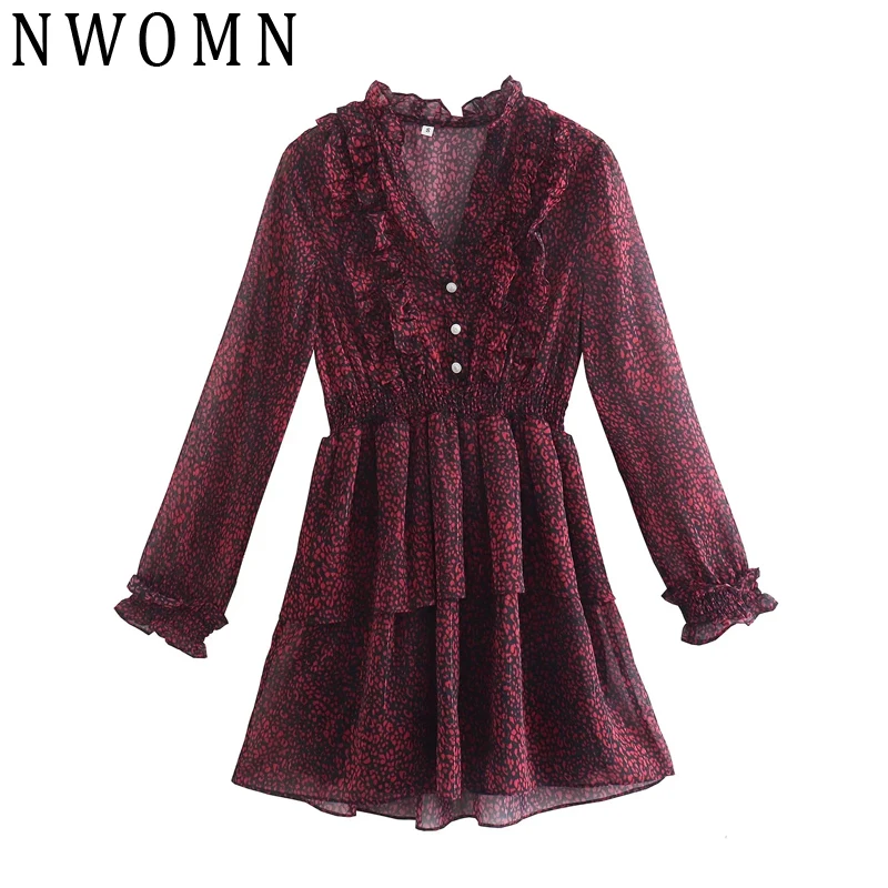 

NWOMN Zar Chiffon Short Dresses For Women Leopard Print Vintage Dress Woman Ruffle Elegant Dresses Long Sleeve Ruched Mini Dress