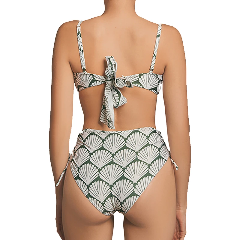 2023 Sea Shell Print Women One-piece Swimsuit Loose Long Sleeve Waistless Swimwear Back Bandage Sexy Deep-V Vacation Beachwear