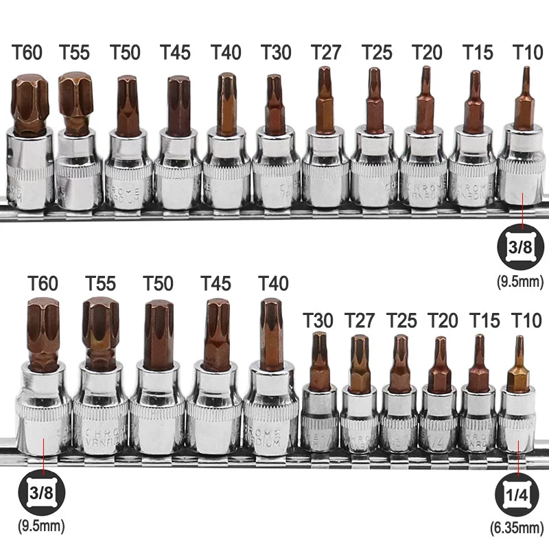 

11PC 3/8" 1/4" Drive S2 Alloy Torx Screwdriver Bits Set Spline Socket Bit T10 T15 T20 T25 T27 T30 T40 T45 T50 T55 T60 Hand Tools