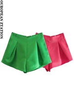 pailete green red women chic fashion front pleated bermuda shorts vintage high waist back zipper female short pants mujer