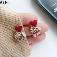 s925 needle sweet red heart earrings metal alloy golden plating high quality crystal hollow love drop earrings for girl gifts