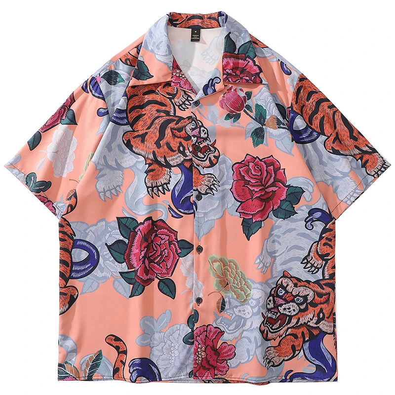

Гавайская рубашка для мужчин в стиле хип-хоп, Пляжная блузка с графическим принтом тигра и цветов, модная повседневная Уличная одежда в стиле Харадзюку, лето 2023