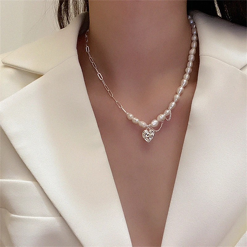 

Ailodo Asymmetric Freshwater Pearl Chain Heart Pendant Necklace For Women Romantic Party Wedding Necklace Fashion Jewelry Gift