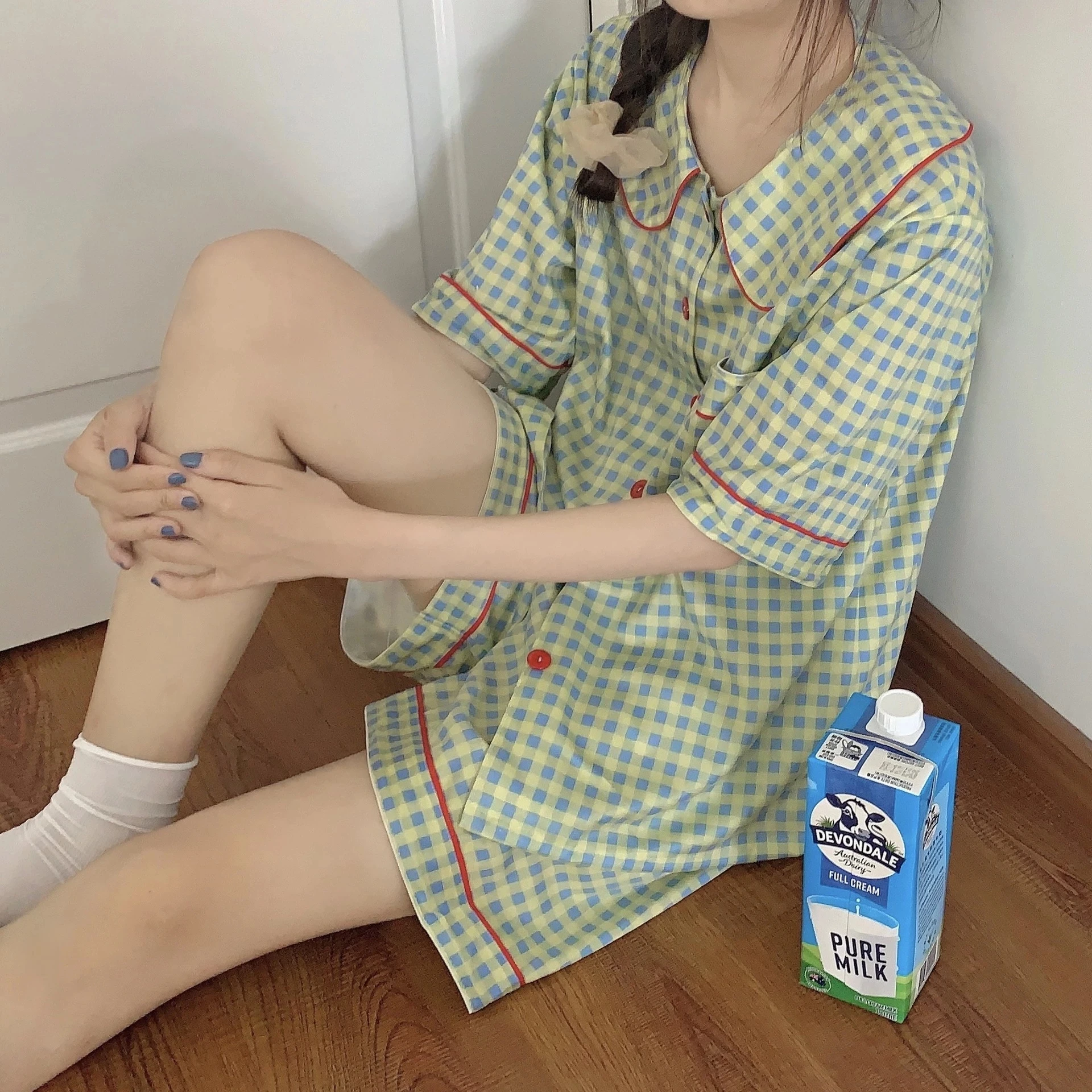 Yasuk Spring Summer Fashion Women's Casual Lovely Red Plaid Sleepwear Cute Kawai Retro Pajamas With Shorts Pants Green Soft