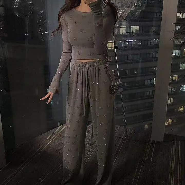 Женский Повседневный комплект футболка с длинным рукавом и брюки высокой талией