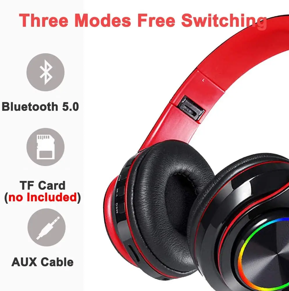 B39 Colored LED Lights Over Ear Stereo Wireless Headset Built-in Mic for Mobile Phones Earphone Bluetooth-compatible Headphones |