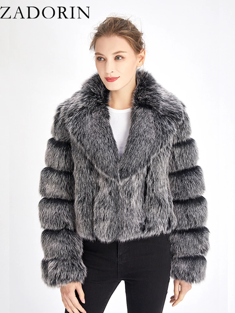 ZADORIN Luxury Cropped Fur Jacket Womens Coat Winter 2022 Lapel Long Sleeve Faux Fox Fur Coat Women Thick Warm Fluffy Fur Jacket