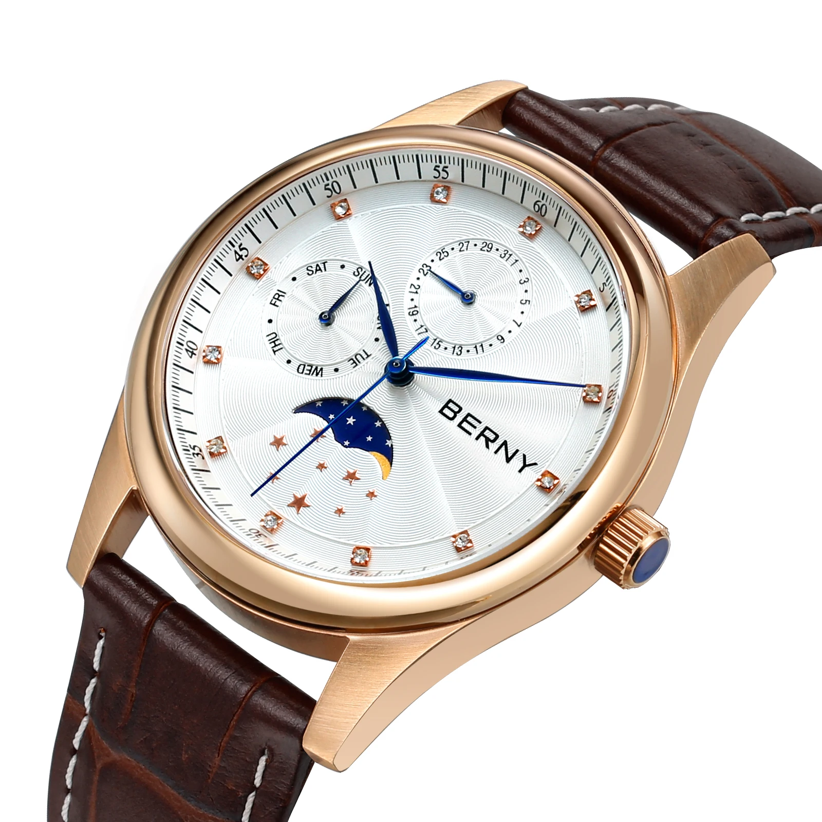 New Watch for Men 38mm Quartz Multifunction Moon Luxury Wristwatch Stainless Steel Waterproof Clock Leather Bracelet Man Watch
