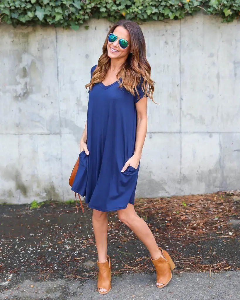 

Women Dress Sexy V Neck Solid Color Pocket Close Fitting Casual Loose Summer Short Sleeve Elegant Party Fashion Dress Female