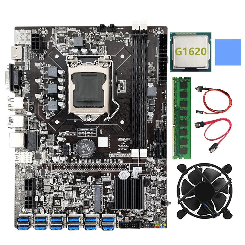 

B75 BTC Mining Motherboard 12 PCIE to USB LGA1155 DDR3 4GB 1333Mhz RAM+G1620 CPU+SATA Cable B75 ETH Miner Mining