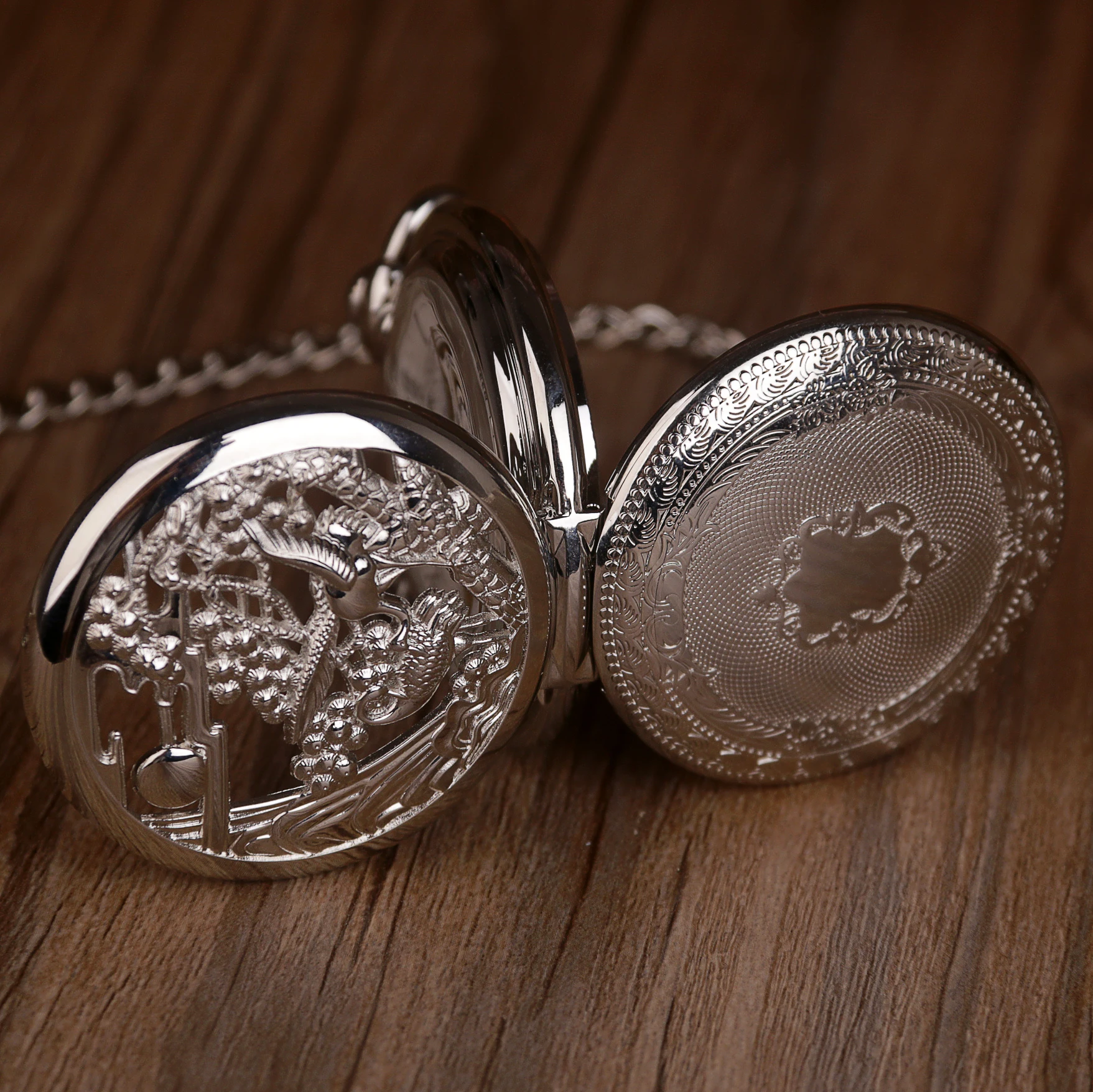 Double Open Crane Engraving Vintage Mechanical Pocket Watch Roman Numerals with Chain Pendant Men's Women's Gift