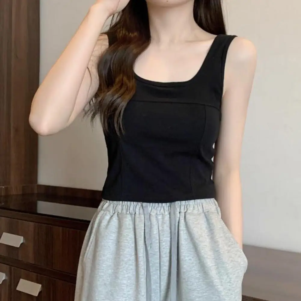 

Women Vest Sleeveless Backless U Neck Tank Top Slim Fit Elastic Padded Bottoming Vest Solid Color Female Cropped Top