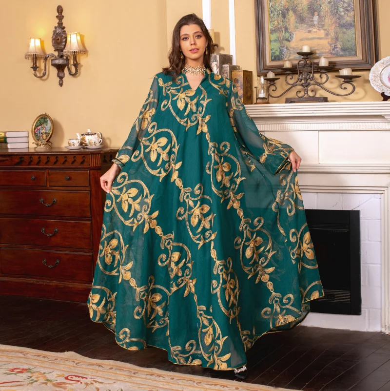 Muslim Fashion 2023 Summer Women V-neck Long Sleeve White Green Embroidered Mesh Long Abaya Muslim Dresses  Abaya Dubai