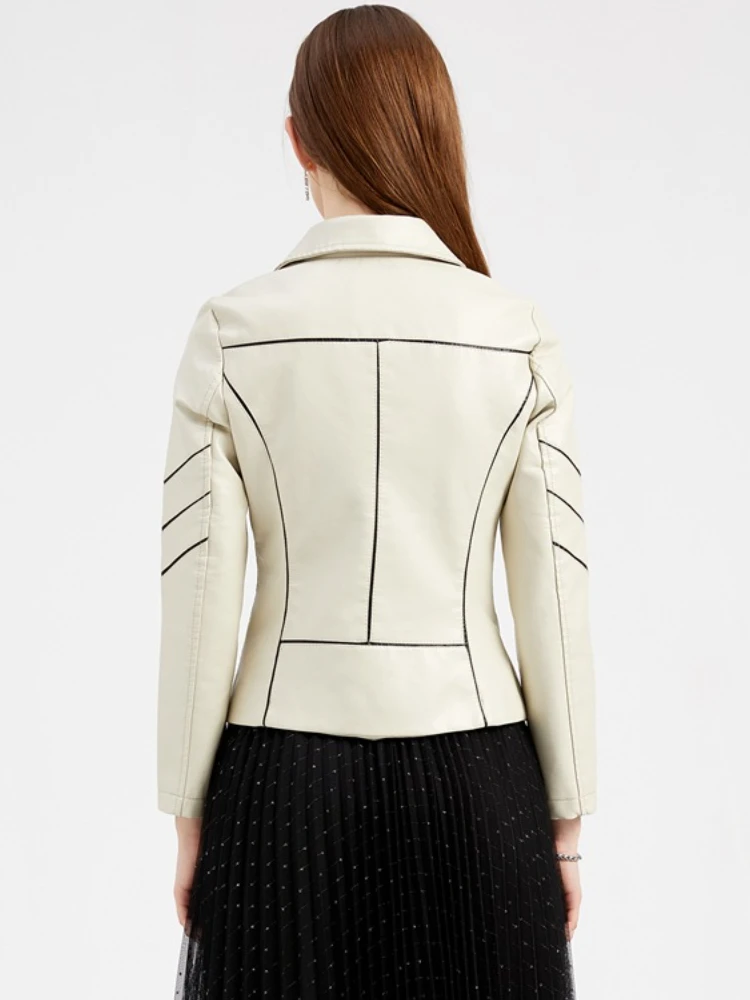 Ladies Thin PU Leather Short Jackets for Women 2022 Autumn Fashion Turn Down Collar Zipper Jacket Casual Motorcycle Clothing