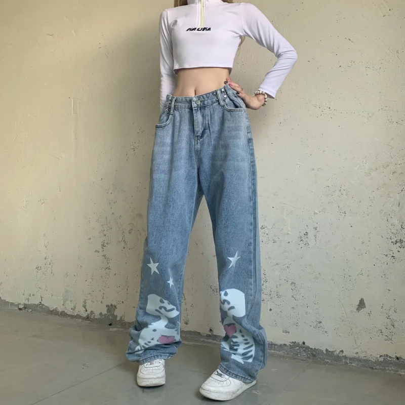 

Hot jeans,2023 Women Skull Cartoon Print Pocket Denim Straight Pants Light Blue Lady Gothic Street Long Jeans Korean Fashion Clo