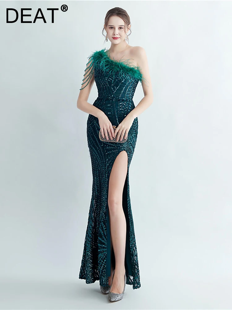 

Женское вечернее платье с блестками DEAT, элегантное платье с диагональным воротником и разрезом, модель 13DB3446 на лето, 2023