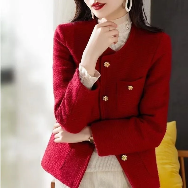 

Женская твидовая куртка, маленькая красная куртка в Корейском стиле, короткая куртка в винтажном французском стиле, Осень-зима 2023