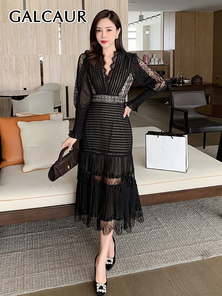 

GALCAUR Lace Panel Sexy Evening Dress For Women 2022 V Neck Long Sleeve High Waist Solid Midi Dresses Female Fashion Clothes New