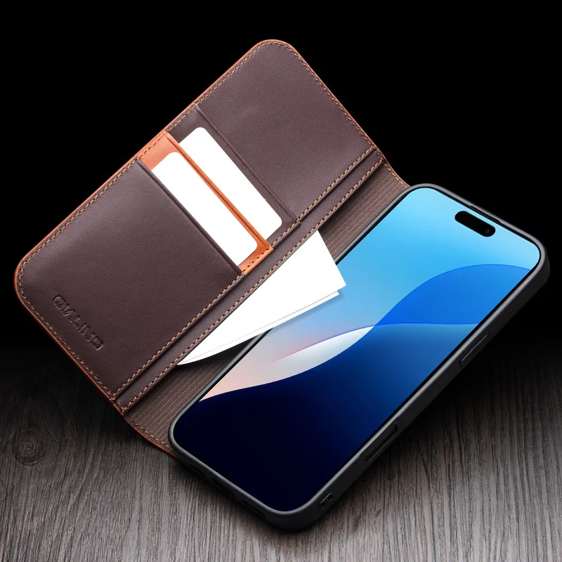 Фото QIALINO Роскошный тонкий чехол ручной работы для iPhone Air 17 16 15 14 Plus Pro Max 16E из натуральной кожи с отделениями для карт и откидной крышкой №3