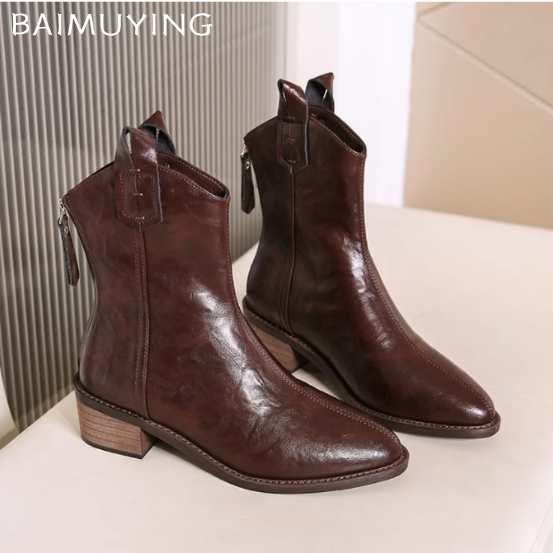 Женские ботильоны на массивном каблуке с острым носком элегантная кожаная обувь