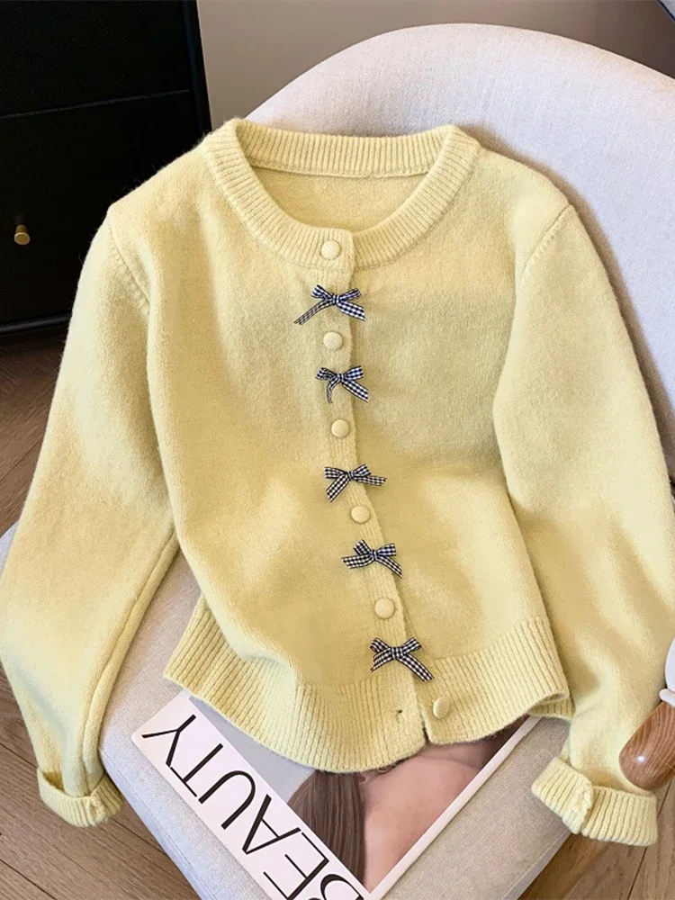 Женский кашемировый свитер с синим бантом в стиле Харадзюку корейский длинными