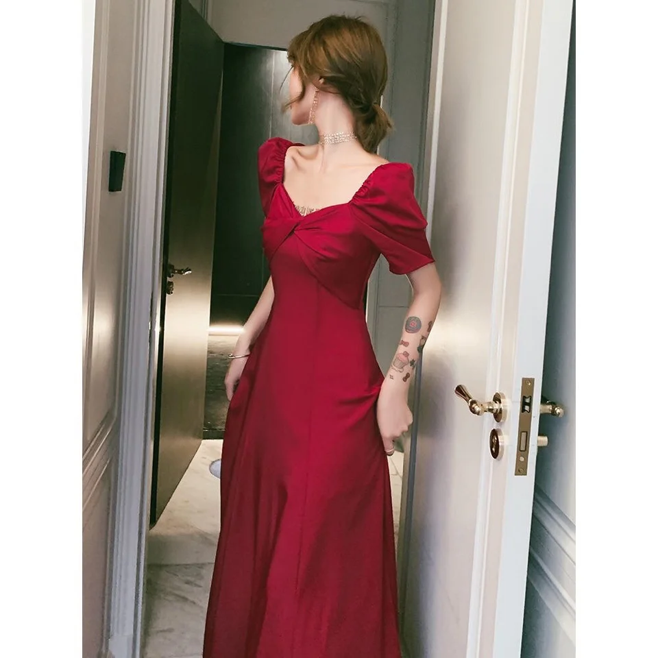 

2023 Retro Square Neck Summer Short Sleeved One-piece Medium Length Slim Casual es Vestidos Para Mujer Women Dress