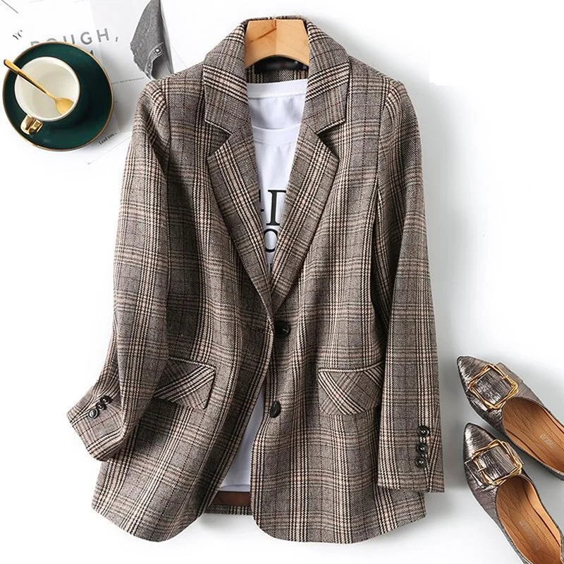 

Office Ladies Notched Collar Plaid Women Blazer Single Breasted Jacket Female Suits Coat Femme Blaser Feminino Bleizer De Mujer