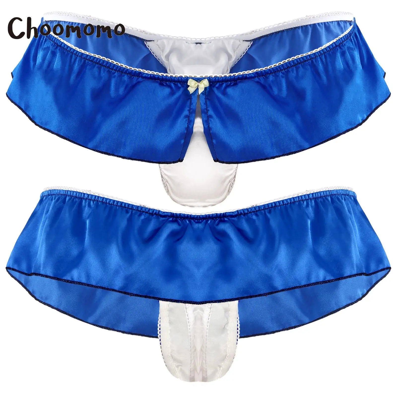 

Choomomo Mens Frilly Elastic Waist Solid Lace Up T-back Patchwork Thongs Low Waist Front Bulge Pouch Satins Sissy Club Underwear