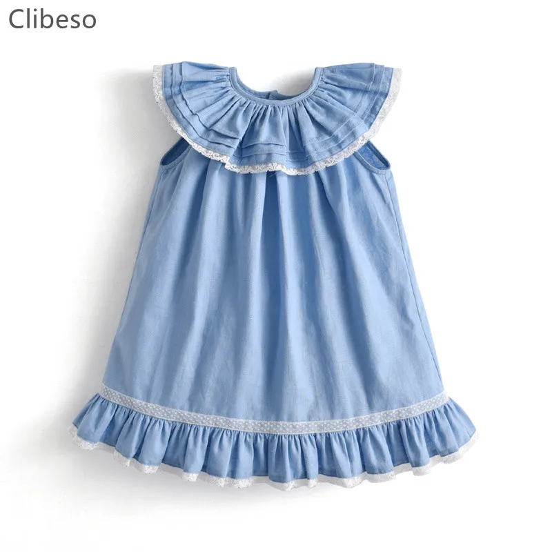 

2022 Clibeso Baby Girl Blue Linen Dress with Lace Summer Spanish Children Boutique Bishop Frocks Brother Sister Matching Clothes