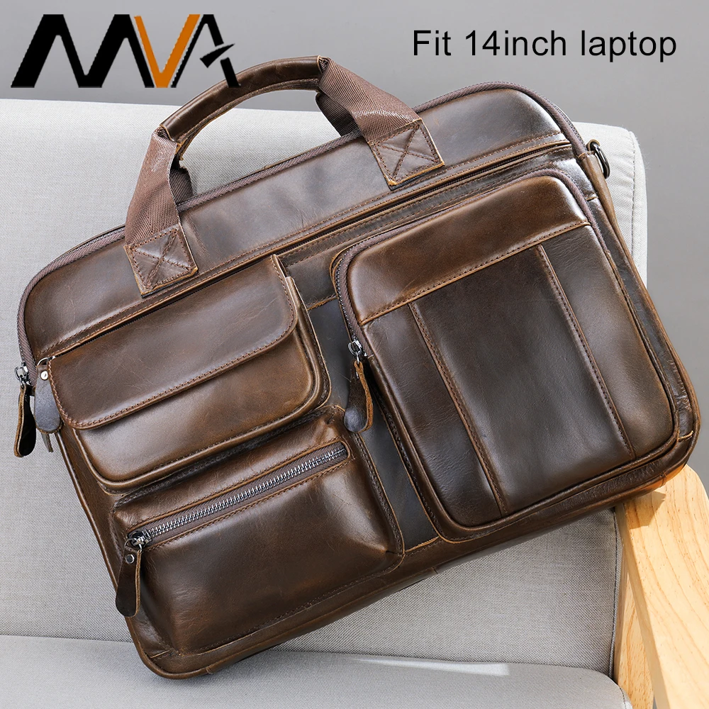 MVA Men Genuine Leather Briefcase Business Bag Leather Laptop Bag 14