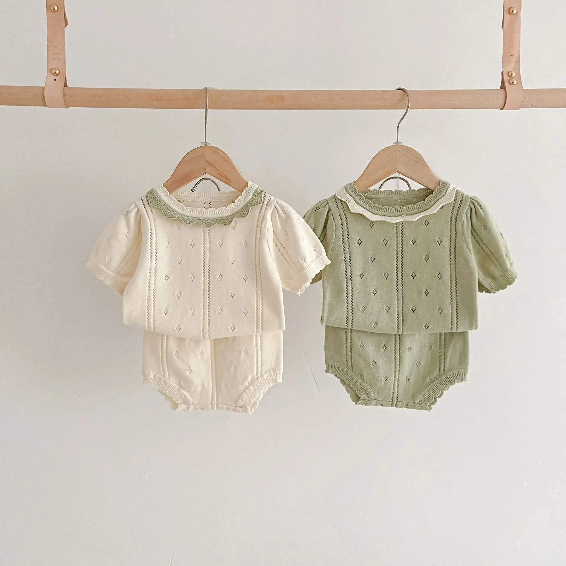 2023 Summer New Baby Short Sleeve Knit T Shirt + Shorts 2pcs Suit Infant Hollow Breathable Knitted Clothes Set Girls Outfits