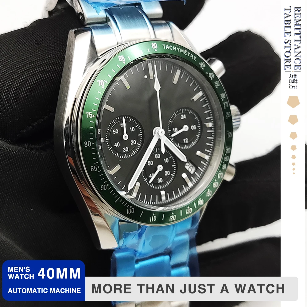 Luxury multi-color black panda green bezel men's quartz watch VK63 caliber + steel band waterproof three-eye chronograph