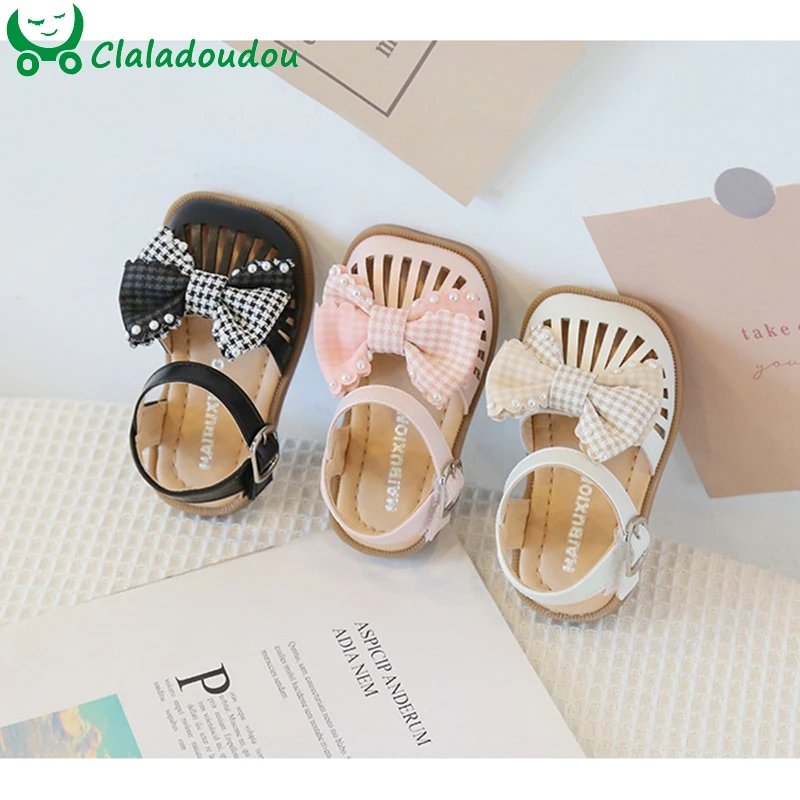 

12-16cm Cute Baby First Walkers For Summer,Solid Pink Black Beige Toddler Girls Sandals,Closed Toe Bowtie-Knot Princess Shoes