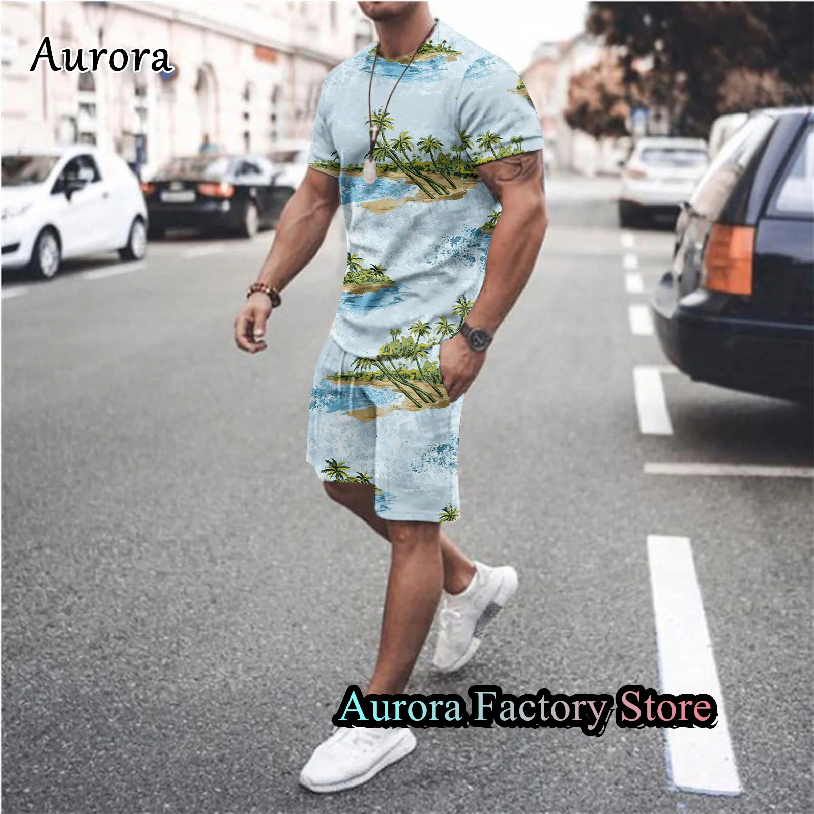 Men Summer Casual T-Shirt Shorts Set 3D Coconut Print Tracksuit Fashion Suit Hawaiian Style Outfit Male Oversized Clothing