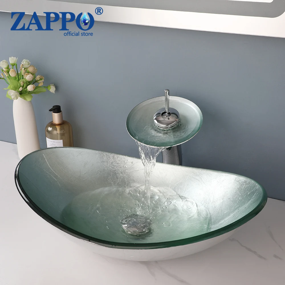 

Смеситель для ванной ZAPPO, Серебристый Овальный стеклянный кран для раковины, водопад, выдвижной слив, набор
