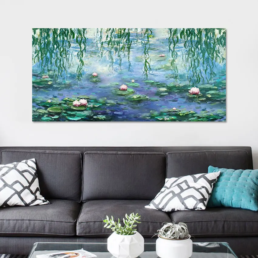 

Ручная роспись, знаменитая масляная живопись Monet, водная Лилия, холст, Женский Декор для гостиной, настенное искусство без рамы для отеля