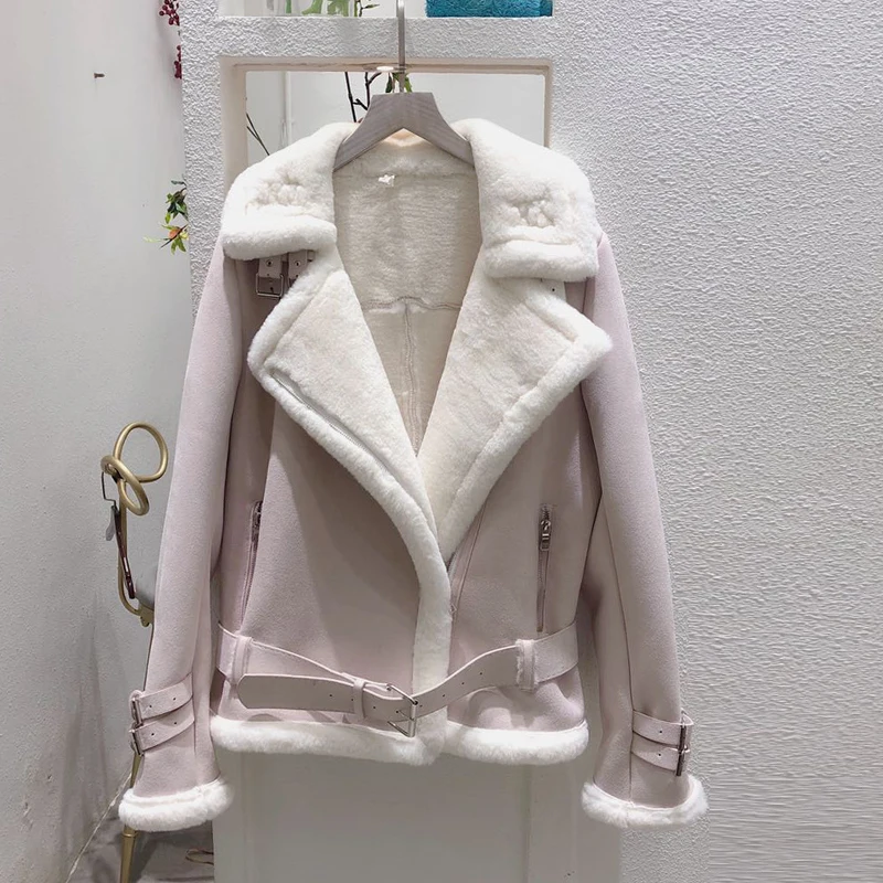 Winter Sheepskin Jacket Women Turn Down Collar Warm Zipper Lambs Wool Coats Lamb Fur Faux Motorcycle Suede Leather Jackets
