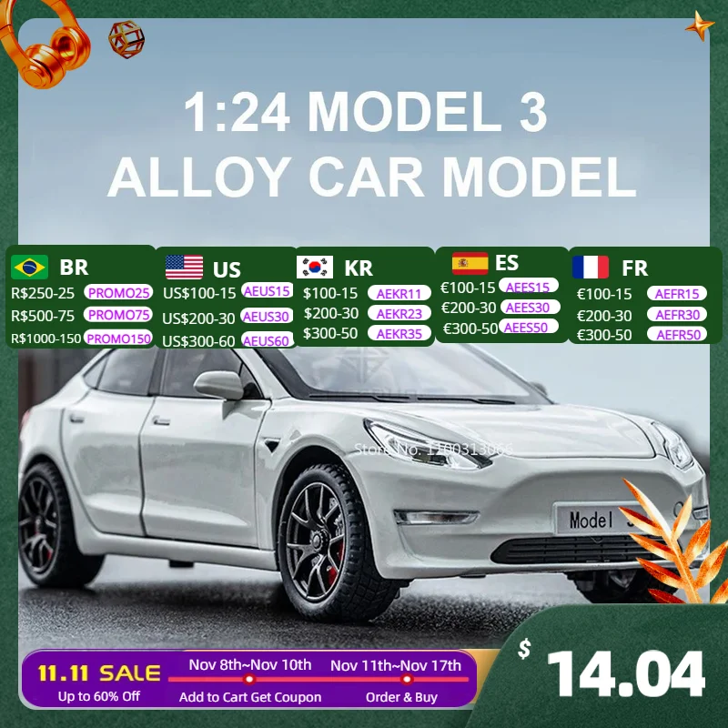 

1:24 Tesla Model 3 Car Toy Alloy Diecasts Metal Super Sport Car Doors Can Be Opened With Sound Light Vehicle Toys for Boys Gifts