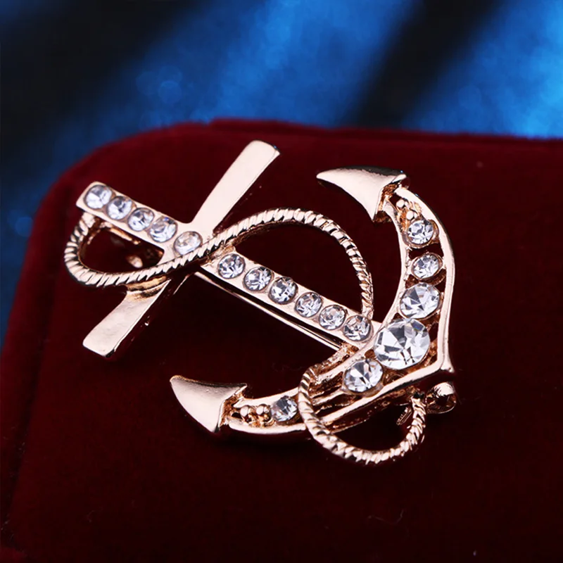 ASLSAW Naval Wind Crystal Rhinestone Anchor Brooch Men's Corsage Suit Accessories Personalized Male Suit Pins Badge