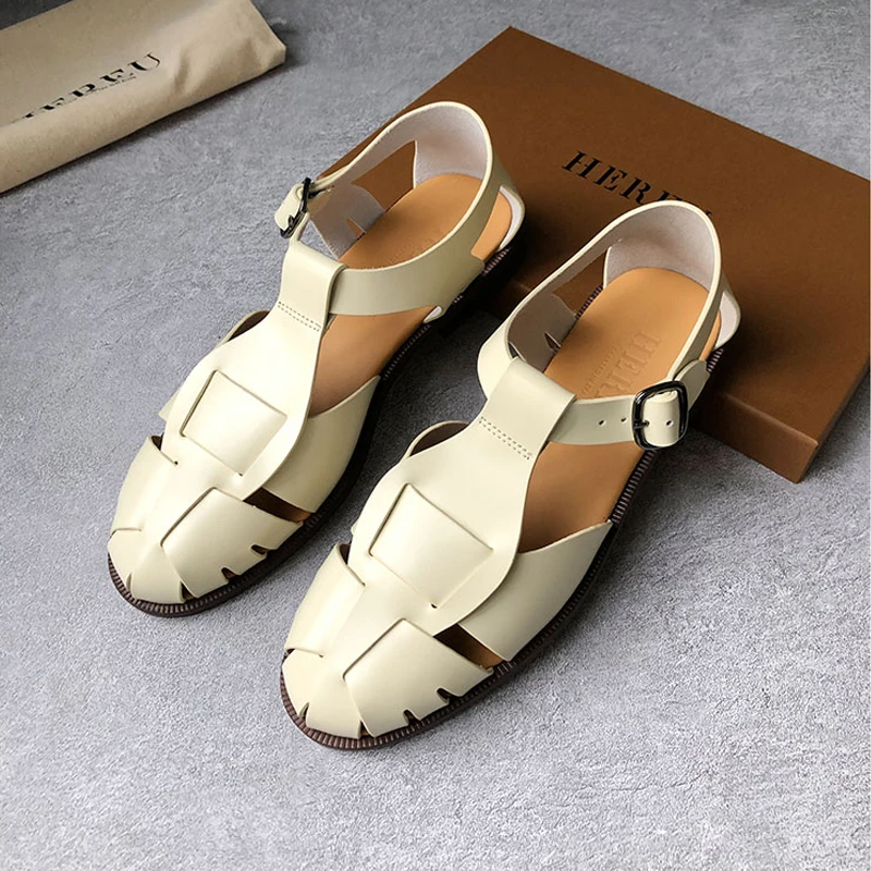 

HEREU 2022 New Women Sandals Real Genuine Leather Ins Summer Shoes Women Roman Fashion Daily Vacation Female Footwear