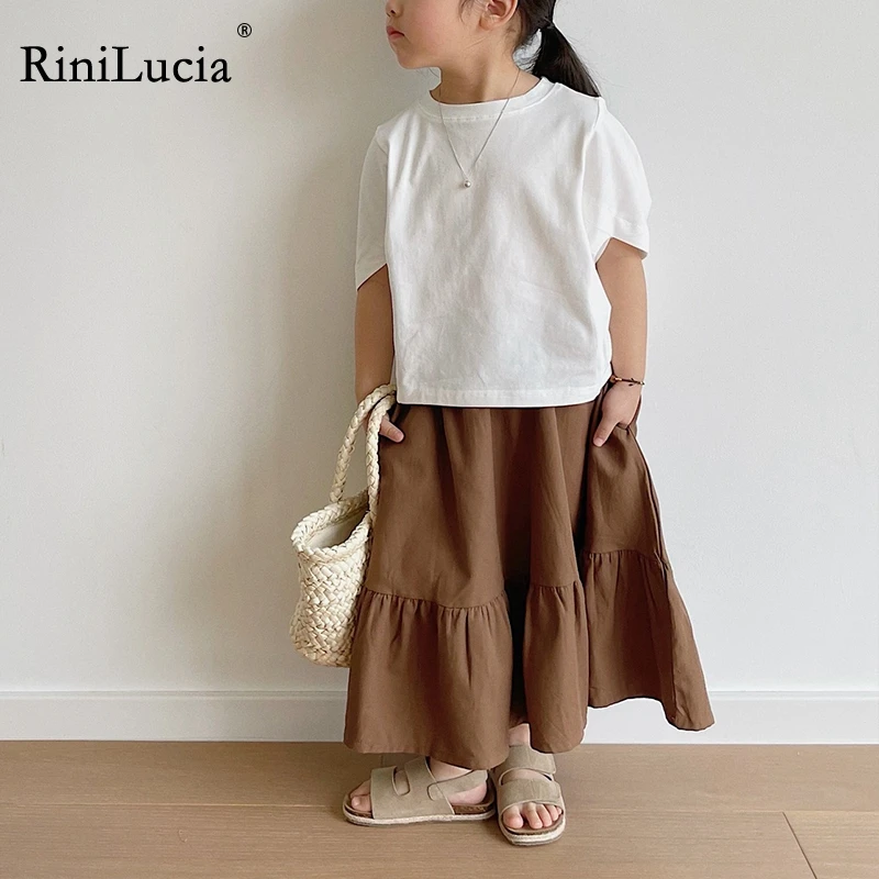 

RiniLucia Long Skirt 2022 Summer Japen Fashion High Waist Solid Midi Skirt Girls Elegant A Line Girls Ruffles Skirts Spring