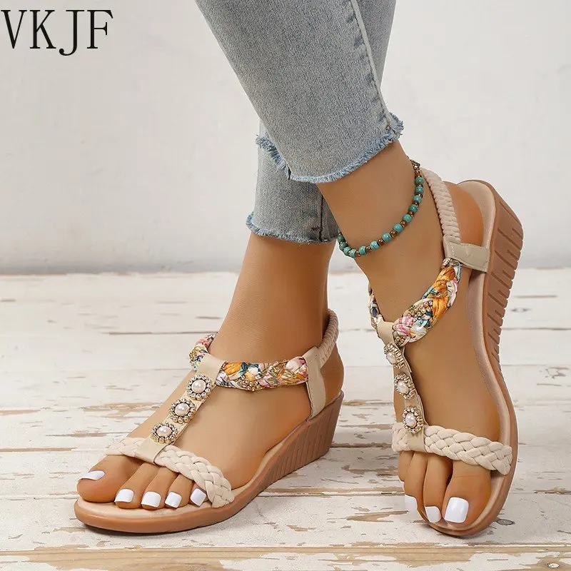 

Женская обувь 2023 Летняя женская обувь с принтом в региональном стиле легкие римские женские сандалии с эластичным ремешком шлепанцы