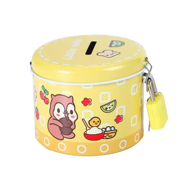

Gift 1 Piece Round Cute Creative Coin Box Money Box Piggy Bank Money Safe With Lock And Key Metal Cartoon Children